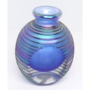 Handcrafted Iridescent Blue & Purple Threaded Glass Vase Czech Bohemian Vintage